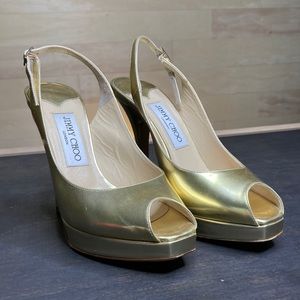 Gold patent leather Jimmy Choo High heels peep toe sling back shoes